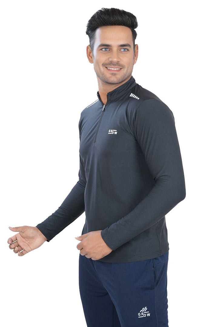 Quarter Zip Solid Full Sleeve T-Shirt (Cotton Feel) Black