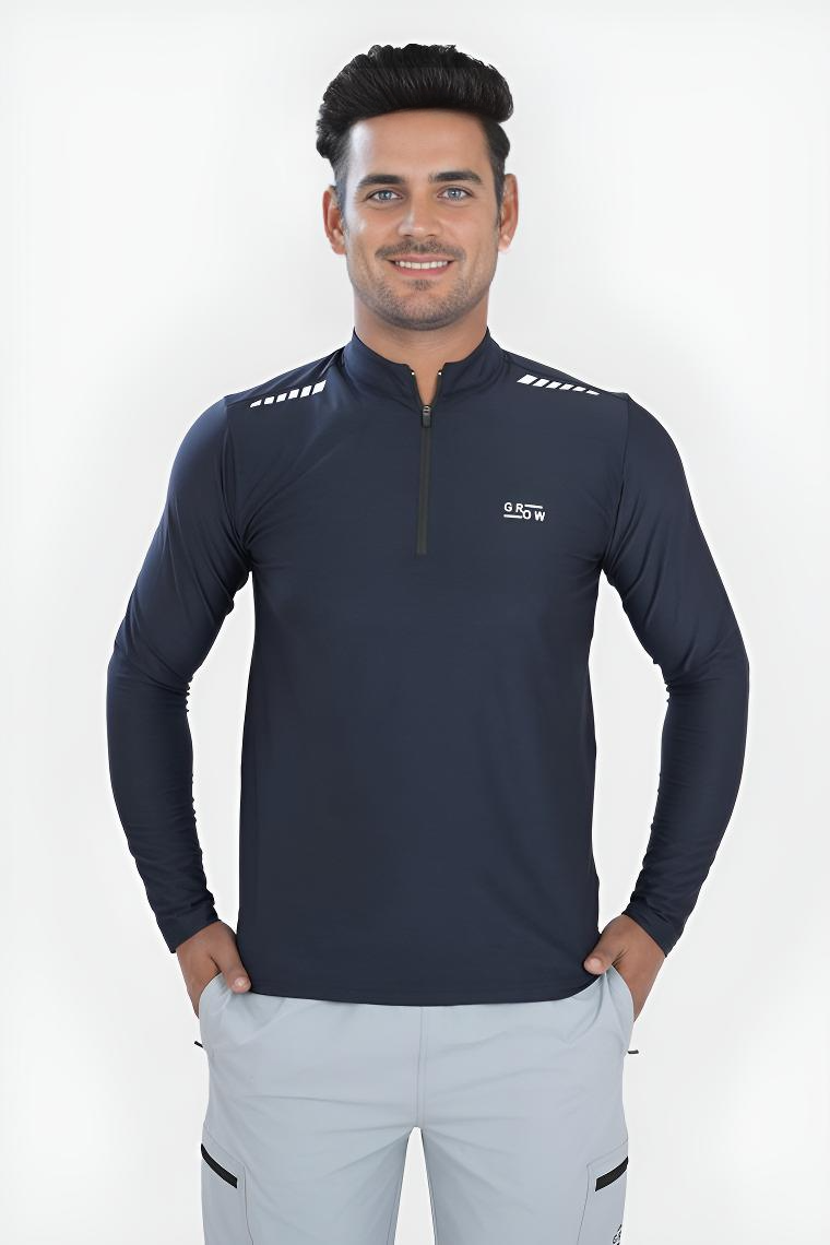 Quarter Zip Solid Full Sleeve T-Shirt (Cotton Feel) Navy