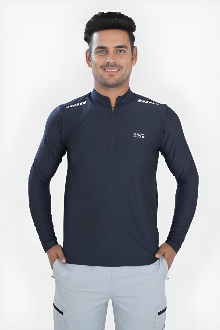 Quarter Zip Solid Full Sleeve T-Shirt (Cotton Feel) Navy
