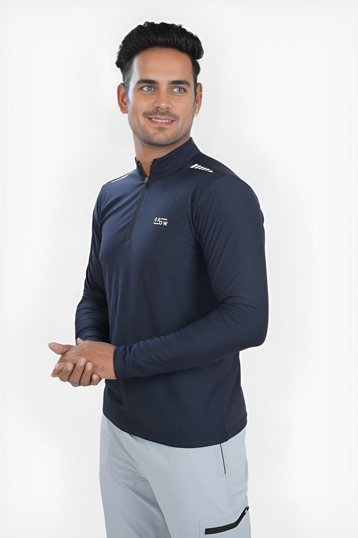 Quarter Zip Solid Full Sleeve T-Shirt (Cotton Feel) Navy