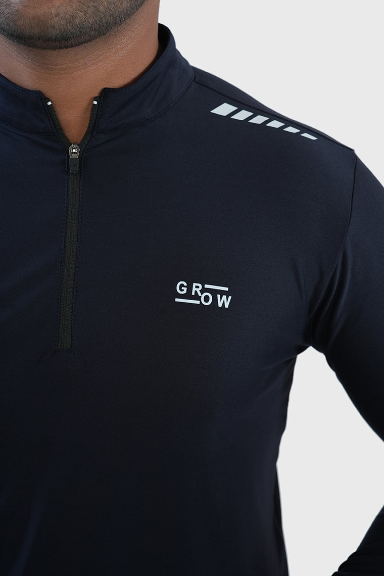 Quarter Zip Solid Full Sleeve T-Shirt (Cotton Feel) Navy