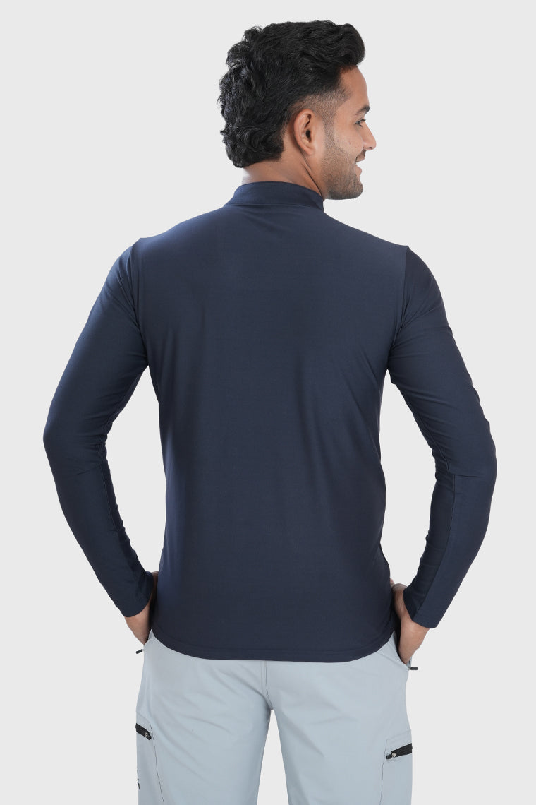Quarter Zip Solid Full Sleeve T-Shirt (Cotton Feel) Navy