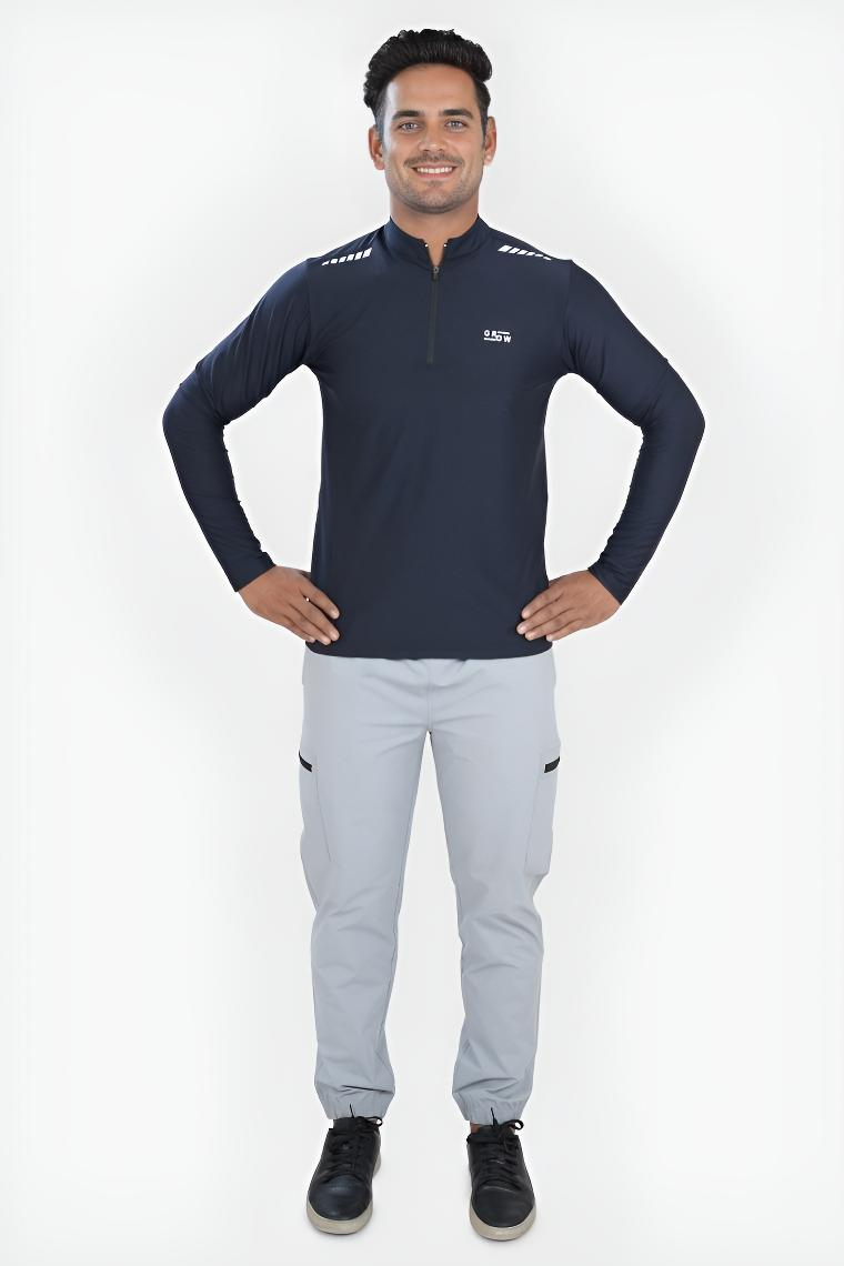 Quarter Zip Solid Full Sleeve T-Shirt (Cotton Feel) Navy