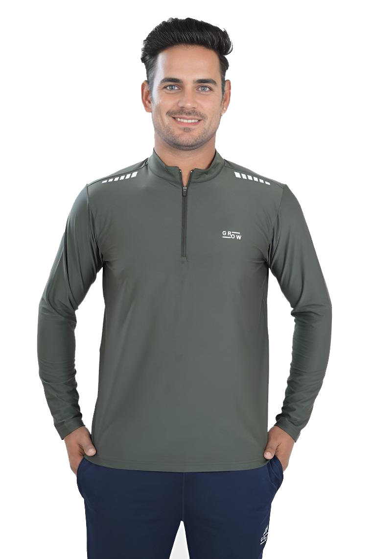 Quarter Zip Solid Full Sleeve T-Shirt (Cotton Feel) Olive