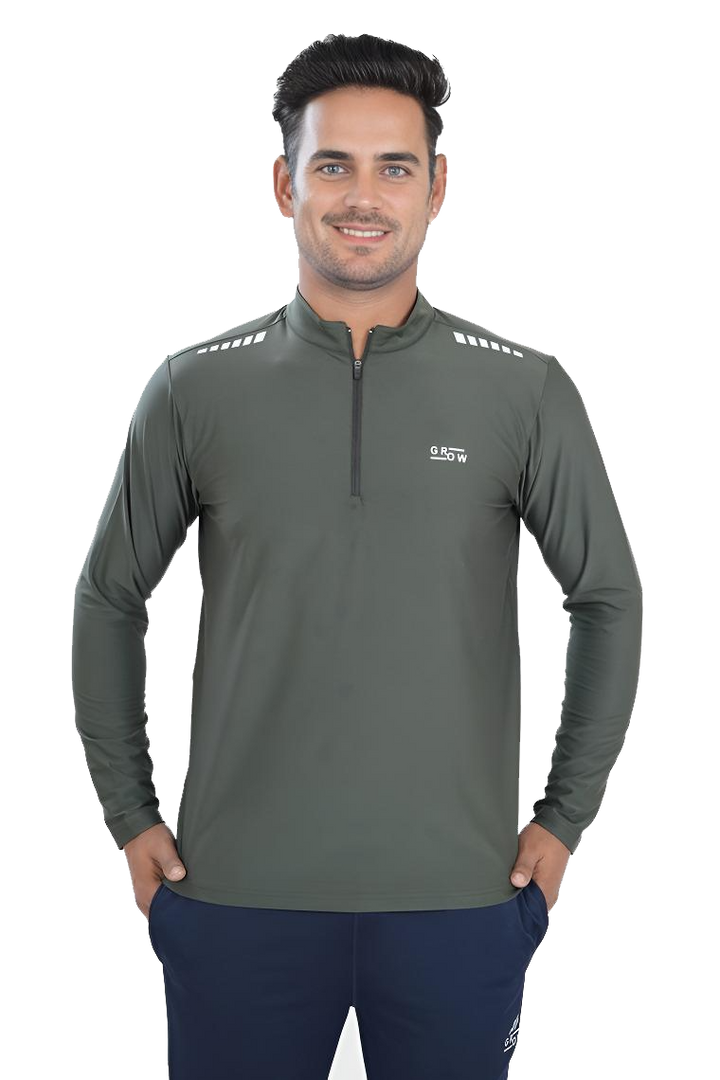 Quarter Zip Solid Full Sleeve T-Shirt (Cotton Feel) Olive