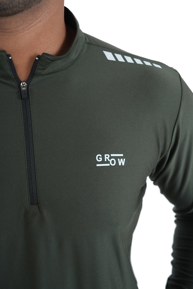 Quarter Zip Solid Full Sleeve T-Shirt (Cotton Feel) Olive