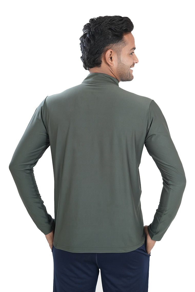 Quarter Zip Solid Full Sleeve T-Shirt (Cotton Feel) Olive